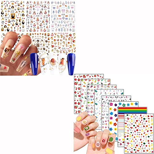 6 Листа Ангелското стикери за нокти и 8 Листа Прекрасни Цветни Стикери за нокти