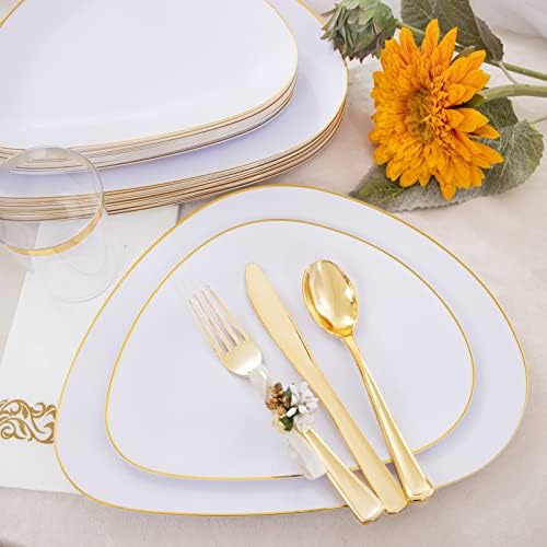 Отлични 210шт Бели и златни чинии, Златни пластмасови прибори - Златни кът чинии, Пластмасови десертни чинии,