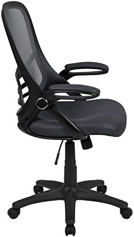 Ергономичен офис стол с висока облегалка от тъмно сив мрежи, с ергономичен дизайн въртящи се офис стол с черна рамка и откидывающимися
