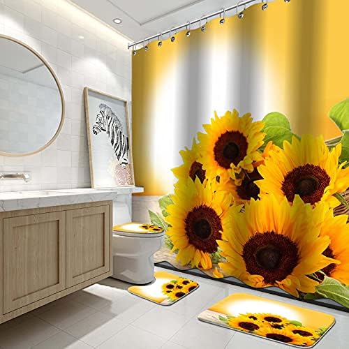 Комплекти за душ Завеса Lnond Yellow Sunflower с подови изтривалки на разположение, капака на Тоалетната чиния