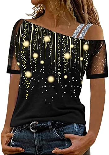 Женска Тениска с Открити Рамене Лято Есен в памучна Блуза с Къс Ръкав и Графичен Модел Риза за Дами В9 В9
