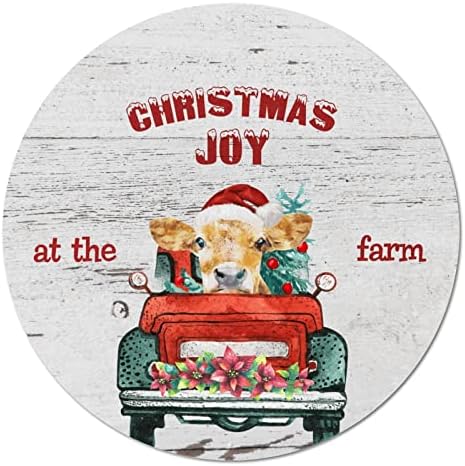 Кръгла Метална Табела Коледна Радост във Фермата-Крава И Камион Реколта Табела с Венец Забавно Стенни Знак