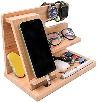 Органайзер за съхранение на бамбукова дръжка, плот -Дървена зарядно устройство за телефон и Шкафче-Органайзер