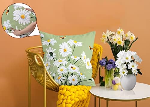 Хексаграм Пролетта Калъфки 18x18 Инча Комплект от 4, Селска Къща Пролетно-Летен Декор Светло Зелено Маргаритка Цветни