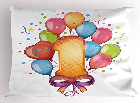 Имитация на възглавници на 1-ви рожден ден Ambesonne, Реколта Тематична Първото парти с участието на балони,