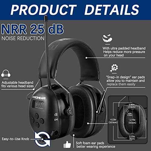 PROHEAR 033 Подобрени Слушалки 5.1 Bluetooth за защита на слуха AM FM-радио, Защитни слушалките с Шумопотискане и акумулаторна