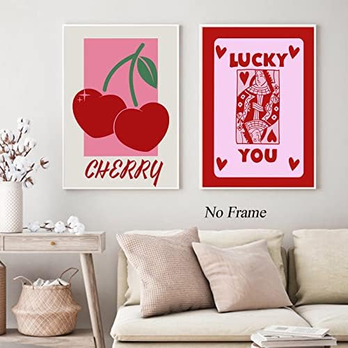 Розово Естетически Платно Стенно Изкуство Кралица на Сърцата Картина Червено и Розово Плакат карти за Игра Щампи Череша Плодове