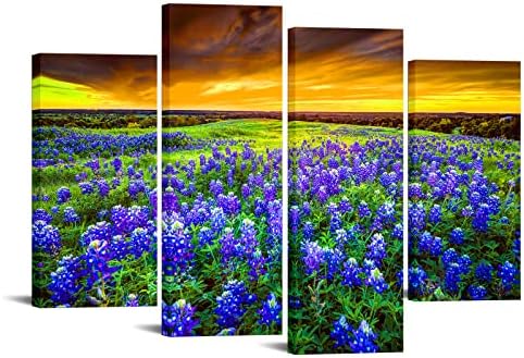 LevvArts Texas Bluebonnet Полето на залез слънце Картина на Платно Селски Пейзаж с Полевыми цветове Картина Живопис