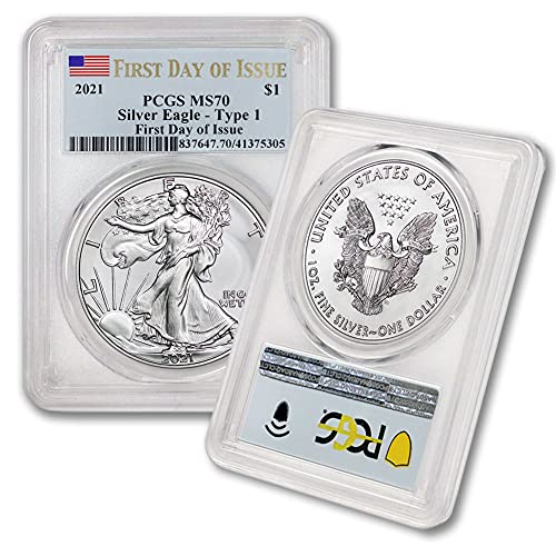 Монета с американски сребърен орел MS70 с тегло 1 унция 2021 г. (Хералдически орел T-1 - Първият ден на издаване)