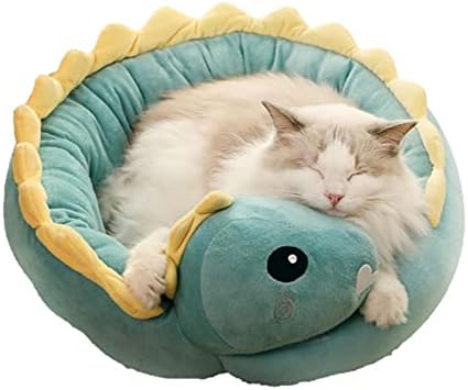 Madezz Легло за домашни котки с Динозавром, Скъпа Възглавница за Коте, Мека мека мебел Възглавници-гнездо, зелена, L