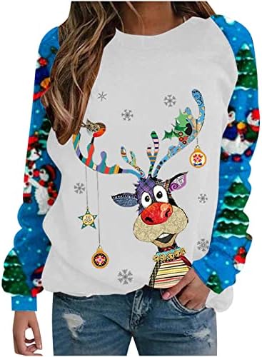 Дамски грозна коледна hoody, празничен пуловер с кръгло деколте и елени, блузи, реколта тениска с графичен дизайн,
