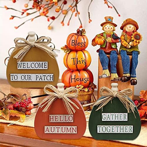DECSPAS Декорации за Деня на Благодарността, 3 броя, Комплект Дървени Есента Тиквата Означения с Орнаменти Фермерска