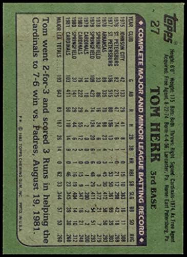 1982 Topps 27 Това Херр Сейнт Луис Кардиналс (Бейзболна картичка) EX/MT Кардиналите