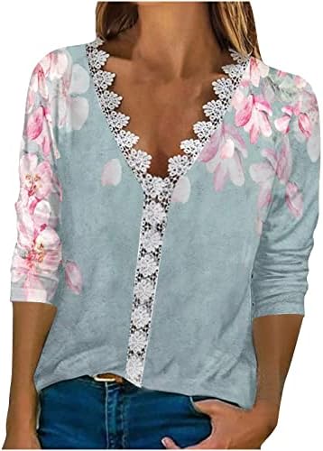 Блузи-Ризи за жени, Лейси Тениска с V-образно деколте и 3/4 ръкави, Летни Модни Ризи в стил Бохо с Цветен Модел,