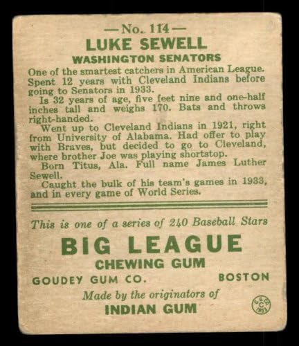 1933 Гуди 114 Люк Сьюэлл Вашингтон Сенатърс (Бейзболна картичка) СПРАВЕДЛИВИ сенатори