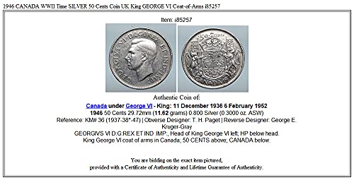 1946 КАЛИФОРНИЯ 1946 КАНАДА Времето на Втората световна война, една СРЕБЪРНА Монета От 50 Цента Великобритания Родово Обозначение_in_description