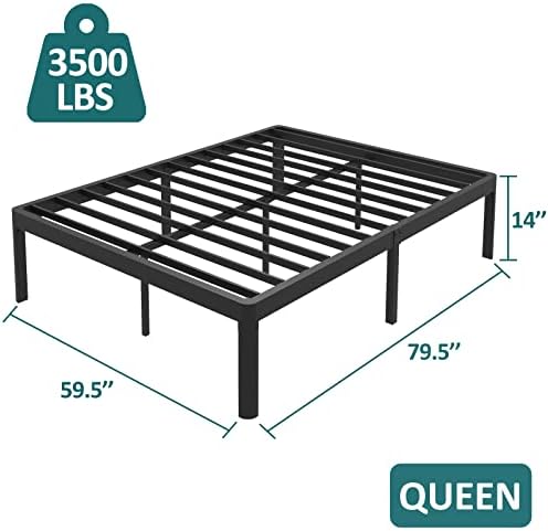 Рамка на легло Queen-size FUIOBYVV с крака със заоблени ъгъла ръбове, 14 инча Височина, 3500 паунда, Тежкотоварни Метална