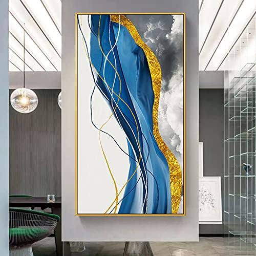 Ръчно Рисувани, Текстурирани Модерна Живопис - Абстрактна Синя Златна Фолио, Луксозен Вертикален Фон На Платното,
