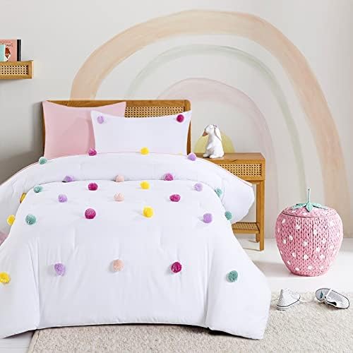 HOMBYS Комплект спално бельо и завивки с pom-помераните за момичета, 5 теми, Бяло-Розов Комплект детски одеяла в стил Бохо за