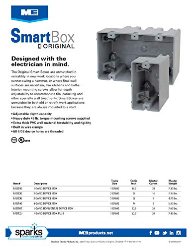 Кутия с регулируема дълбочина Southwire MSB1G4PK MSB1G Smart, 1 Комплект, 18,5 куб. инча. Сив (опаковка от 4 броя)