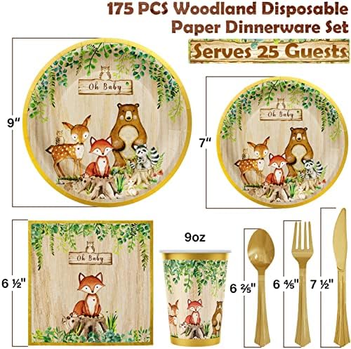 Ecomore Woodland Аксесоари за декорация на детската душа - 175 бр. Комплект прибори за еднократна употреба с горски животни