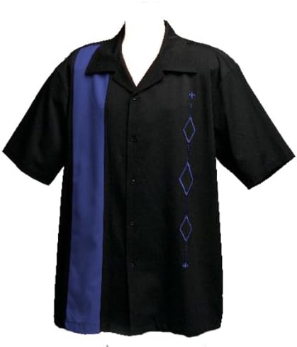 Мъжка риза за боулинг в Ретро стил, Голям Растеж, Кралския Син цвят, в черно