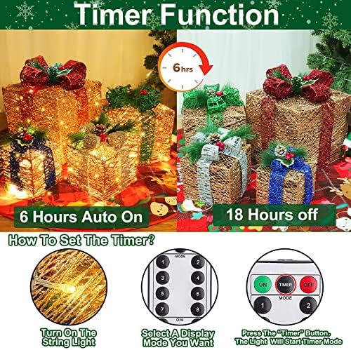 [ Супер Голям 12-10-8-7 ] 4 Опаковане на Подарък Кутии с подсветка Коледна Украса 70 LED Таймер 8 Режима на Дистанционно