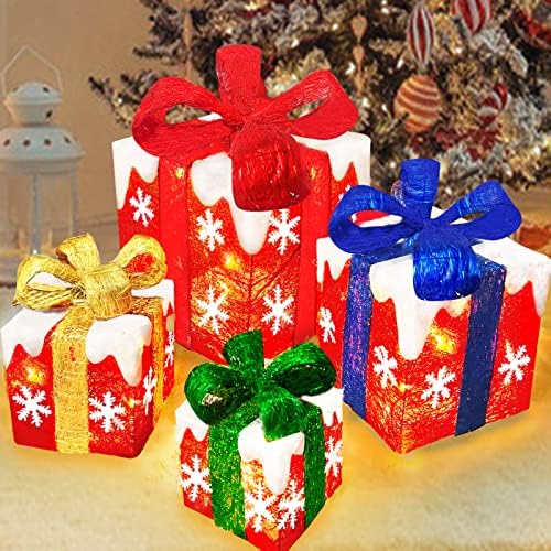 [Много Големи 11-9.5-7.5-6.5] 4 Опаковане на Подарък Кутии с Осветление, Коледна Украса, 70 Led Вложки, Подарък Кутия