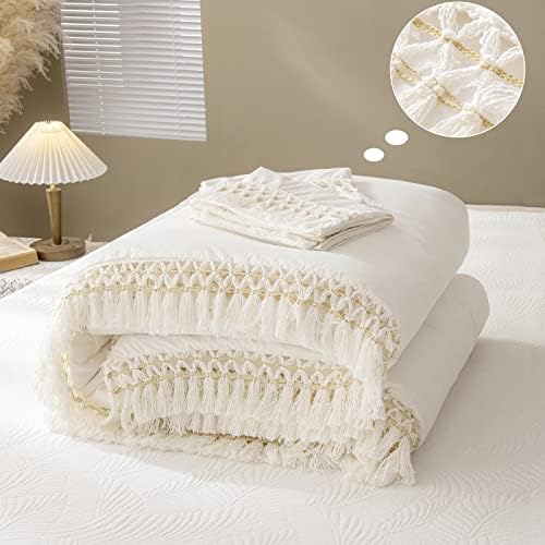 Комплект одеяла Boho King от бяло злато, комплект завивки в стил Изтъркан Шик Селска къща, Златна Одеяло ръчно