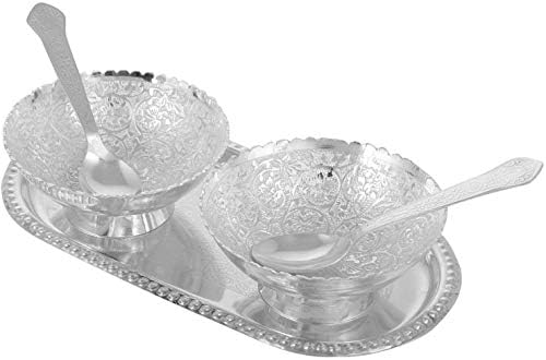 Комплект чаши и тави, употребявани от месинг, Сребро и Позлатените покритие, 5 бр. Цветя от Indian Collectible