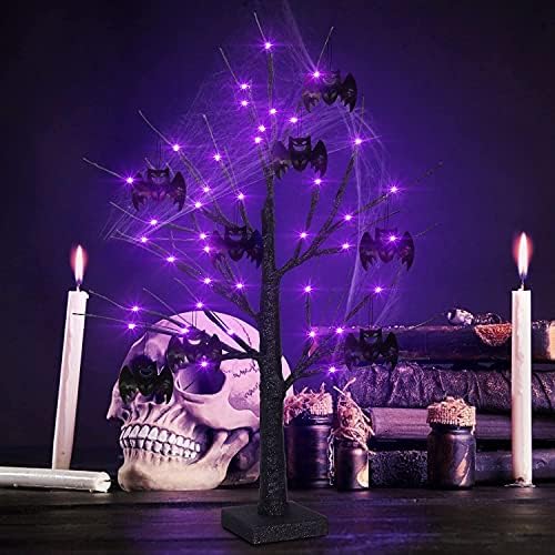2-Подножието Черна коледна Елха на Хелоуин с 48 led лилави светлини, Обновена Черна Лъскава Зловеща коледно Дърво