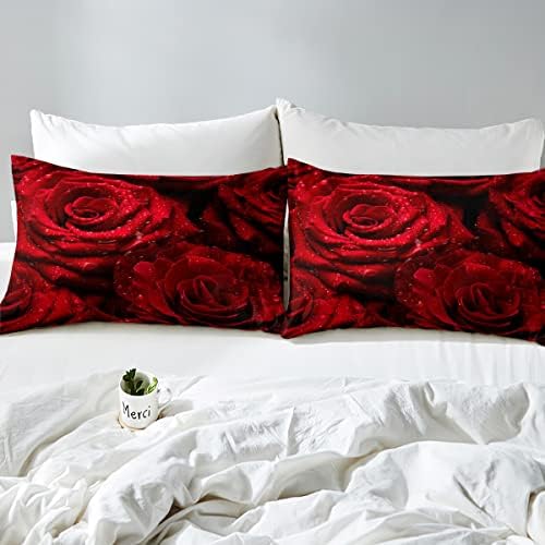 Комплект Спално бельо с Червена Роза за Момичета, Жени, Любовници, Романтична Кърпи с Цветя Модел, Декор за Плевене,
