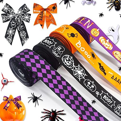 4 Сатен на Ролка ленти за Хелоуин за опаковане на подаръци, Оранжево-черни Ленти на Хелоуин за украса на парти