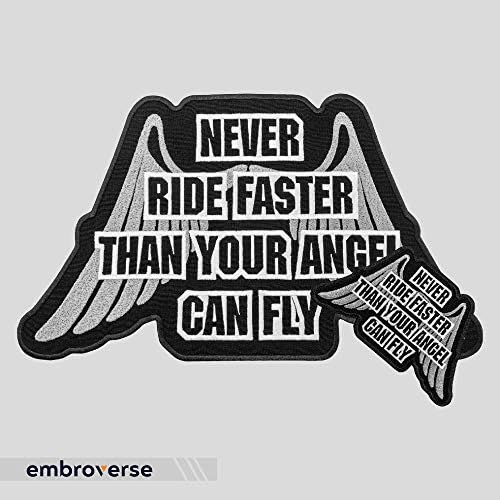 Бродирана нашивка на мотоциклет яке, никога не езди по-бързо, отколкото може да лети Твоят Ангел, пришивай