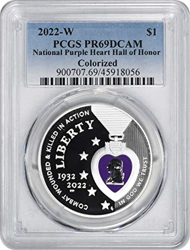 2022 W Национален Зала на честта Пурпурно сърце с Изрисувано едно Незабравимо сребърно долара PCGS PR69DCAM