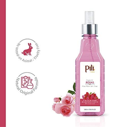 Розовата вода Pili, тоник за лице за чувствителна кожа. Освежава, тонизира и овлажнява благодарение на мекотата на естествен