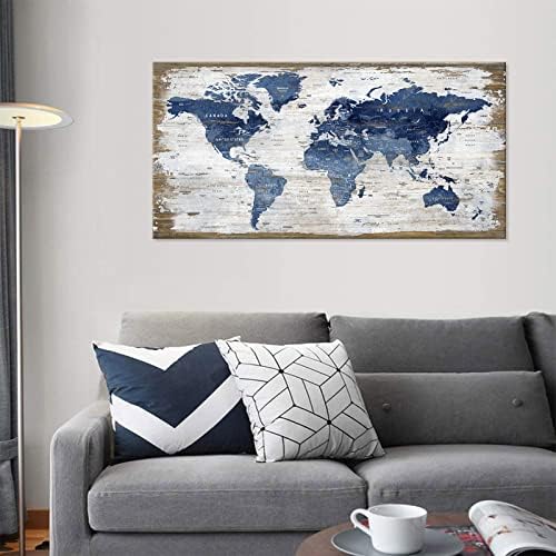 Голяма Реколта Карта на света Платно Стенно Изкуство Тъмно Синя Карта на света Картини върху Платно Ретро