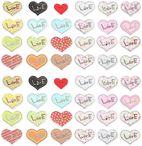 Hegebeck 60 бр. Разнообразни Дървени Копчета за Бродерия, Копчета във форма на сърце, 15 мм и 25 мм 2 Дупки, Цветни