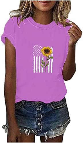 Горната Риза за Жени Лято Есен С Къс Ръкав И Деколте Лодка Ден на Независимостта на Слънчогледа Цветен Графичен Ежедневни