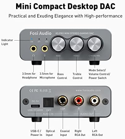 Fosi Audio K5 Pro Gaming КПР Усилвател за слушалки, Мини Hi-Fi Стерео Цифроаналоговый Аудиопреобразователь USB Type C/Оптичен/Коаксиален