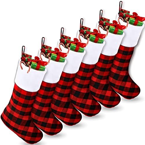 OurWarm 6 Опаковки, Коледни Чорапи на Едро, 18-Цолови Черно-Червени Коледни Чорапи в клетката цвят Бизон с Плюшени белезници,