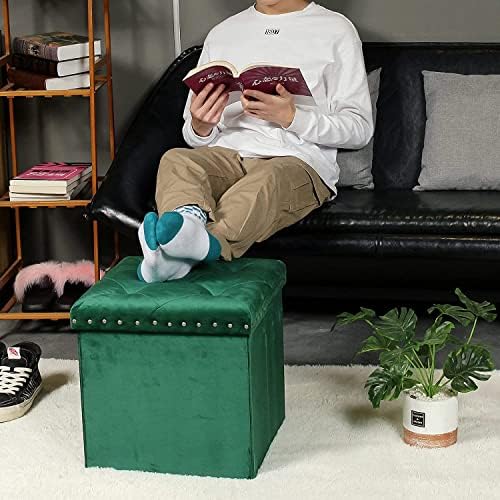Velvet Сгъваема Табуретка-куб за съхранение на PINPLUS, Зелен Малка Табуретка за крака с Нитове, Масичка за кафе, Кутия за