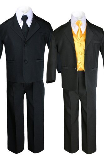 Комплект от 7шт Черен костюм за момчета с Атласным Жълта Жилетка от Бебе до тийнейджър (10)