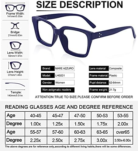 MARE AZZURO Квадратни очила за четене, дамски модни големи очила за четене 1.00 1.25 1.50 1.75 2.00 2.25 2.50 2.75