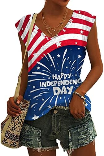 Облекло Тениска Дамски Блузи Без Ръкави с V Образно Деколте Спортен Топ С Принтом на Деня на Независимостта на Ежедневни Тениска