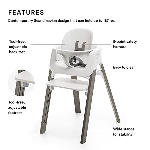 Столче за хранене Stokke Steps - Матово сиви крака и бяло на седалката седалки Система 5 в 1 - Включва детски