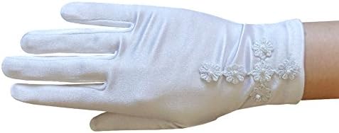Бели сатенени ръкавици за булката Velina с Цветя Маргаритки, Кръст и Перли