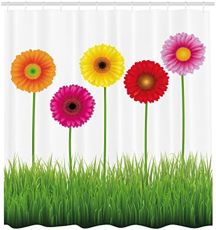 Завеса за душ Ambesonne Gerber с цветя, Хоризонтален Ред, Живи Цветя в Тревата, Енергичен Пролетно Илюстрация, Определени
