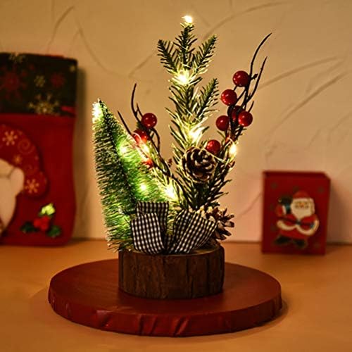 BESTOYARD 2 бр. Настолен Мини Коледно дърво със светлини работещи на Батерии Коледно дърво с Дървена Основа, Борови Шишками