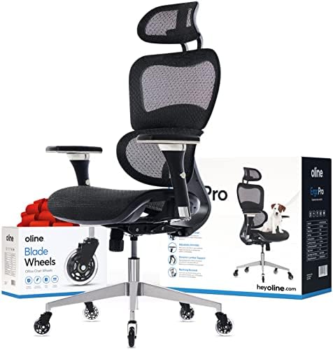 Ергономичен офис стол Oline ErgoPro - Работно стол на колела с 4D Регулируем подлакътник, 3D лумбална опора и колела-лостчета